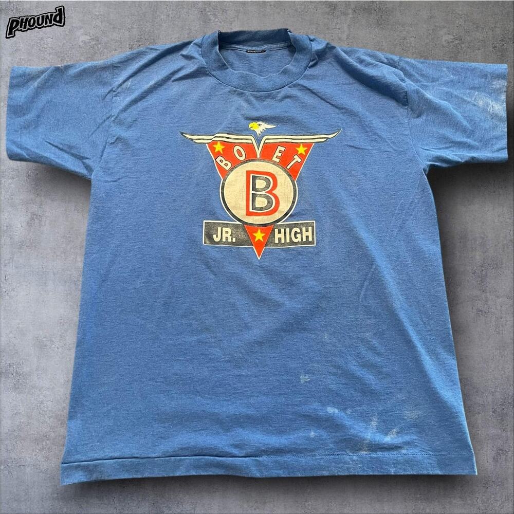 Boet Jr High Shirt Mens Large Blue School Eagle Short Sleeve Screen Stars Vtg